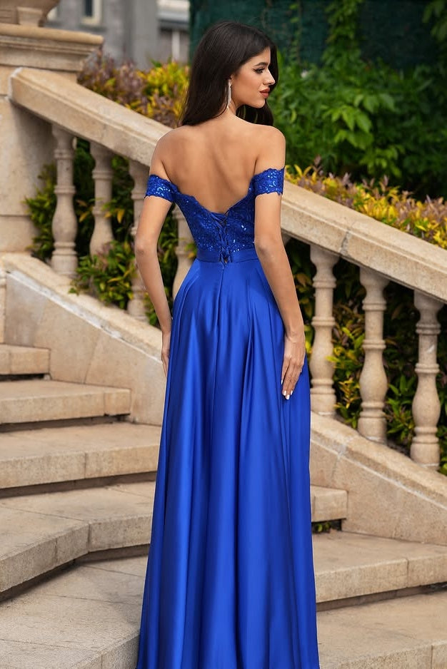 Intellectuality Royal Blue Appliques Off-the-shoulder Satin Evening Dresses