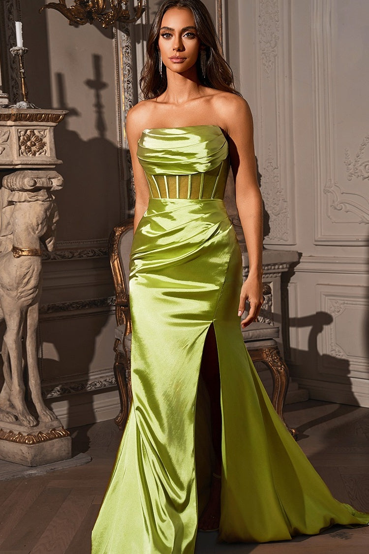 Modern Light Green Strapless Side Slit Satin Evening Dresses