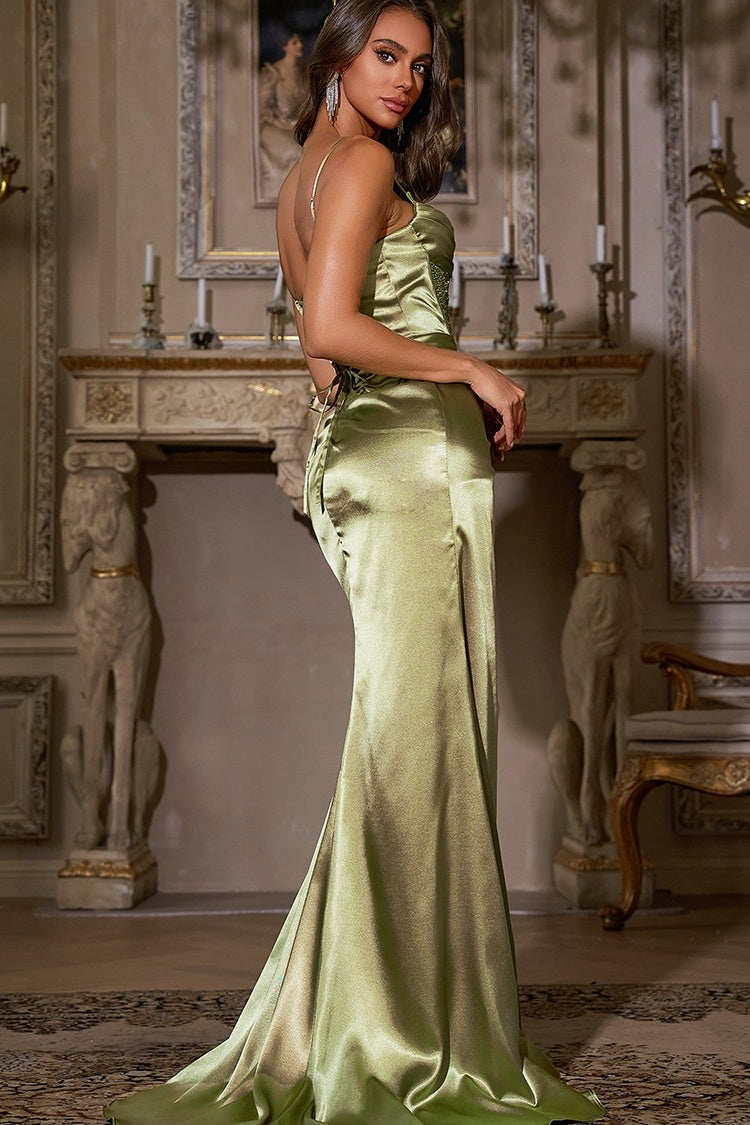 Elegant Green Satin Spaghetti Strap Beadings Evening Dresses