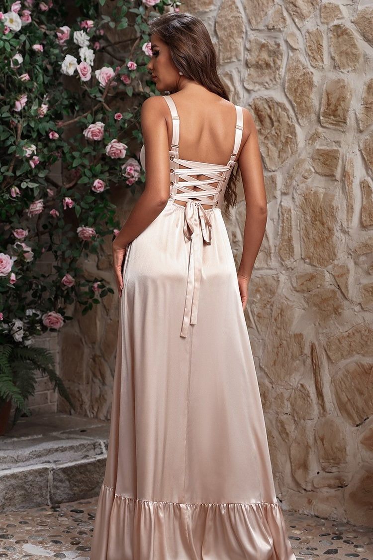 Beautiful Dusty Pink Spaghetti Strap Lace Up Satin Evening Dresses