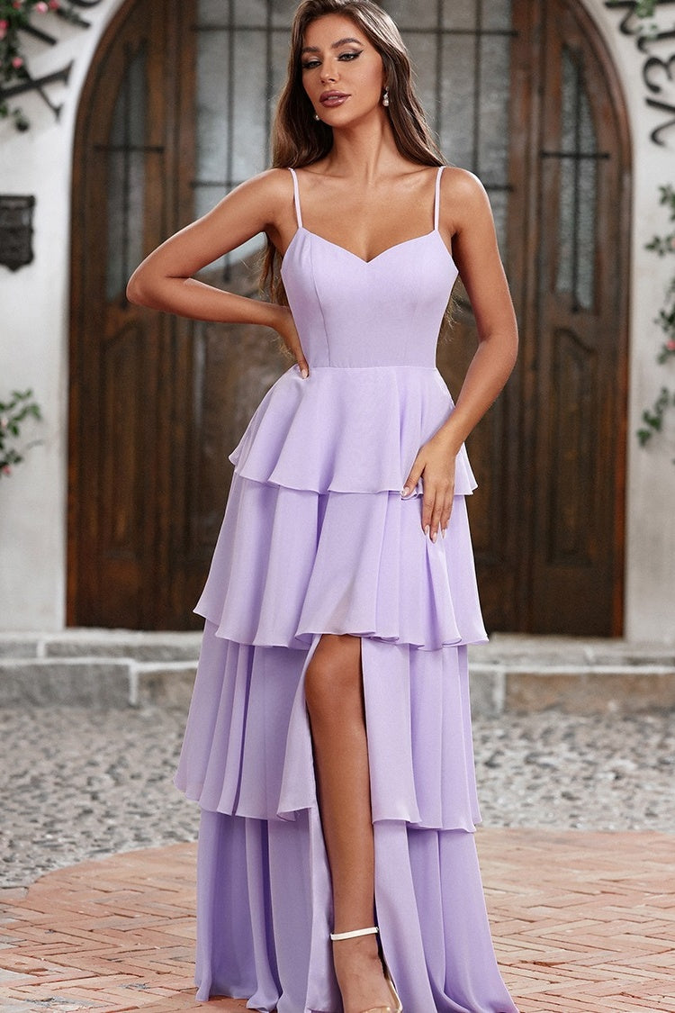 Elegant Light Purple Spaghetti Strap Puffy Layers Side Slit Evening Dresses