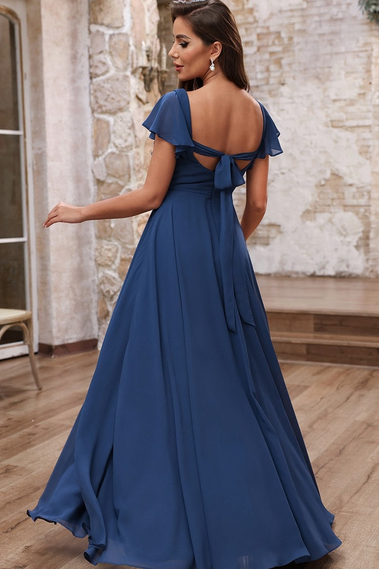 Decent Dark Blue Chiffon Portrait A Line Side Slit Evening Dresses