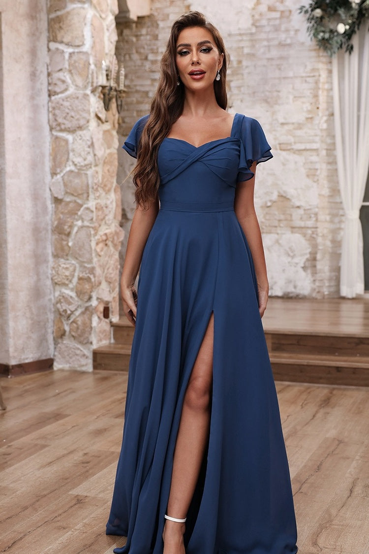Decent Dark Blue Chiffon Portrait A Line Side Slit Evening Dresses