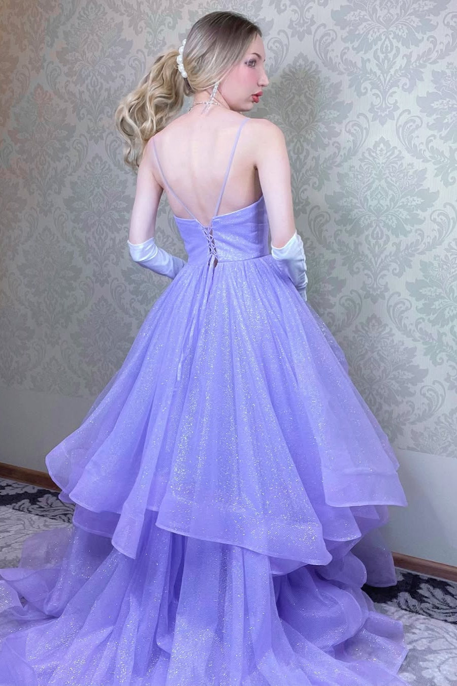Chic Purple Spaghetti Strap Puffy Layers Lace Evening Dresses With Gloves