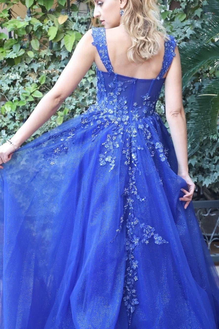 Gorgeous Royal Blue Appliques Square Neckline Lace Evening Dresses