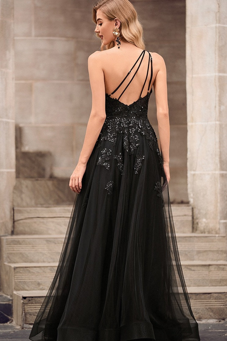 Gorgeous Black Appliques One Shoulder Side Slit Tulle Evening Dresses