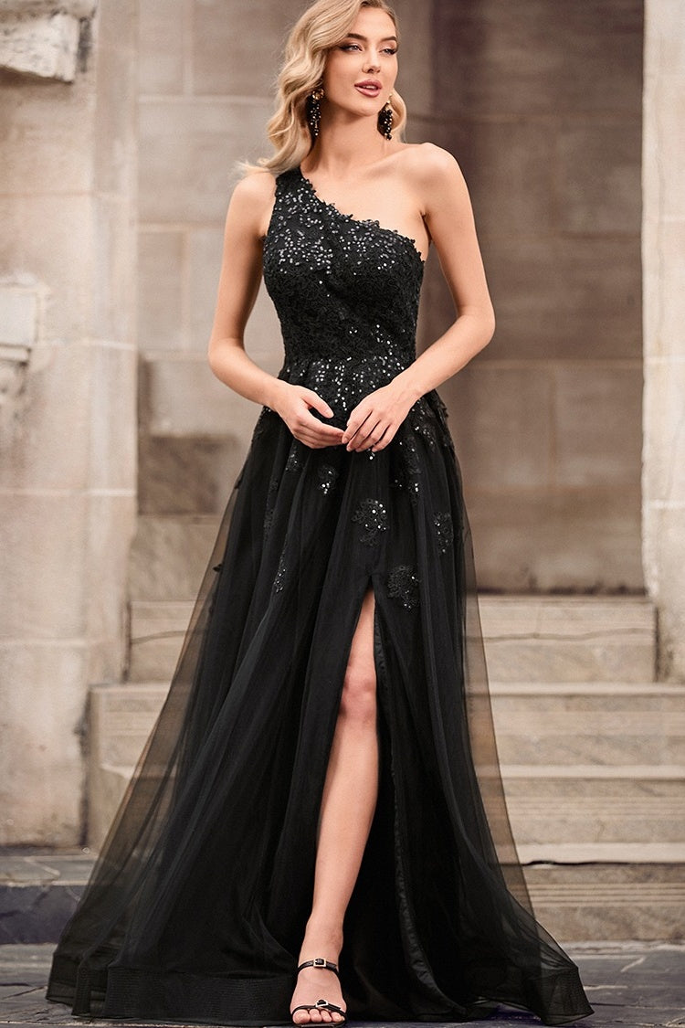 Gorgeous Black Appliques One Shoulder Side Slit Tulle Evening Dresses