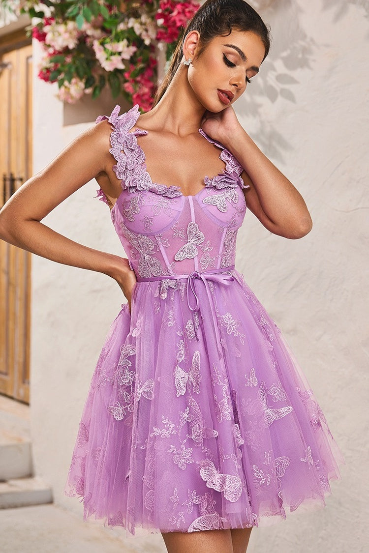 Charming Light Purple Square Lace Up Butterfly Appliques Evening Dresses