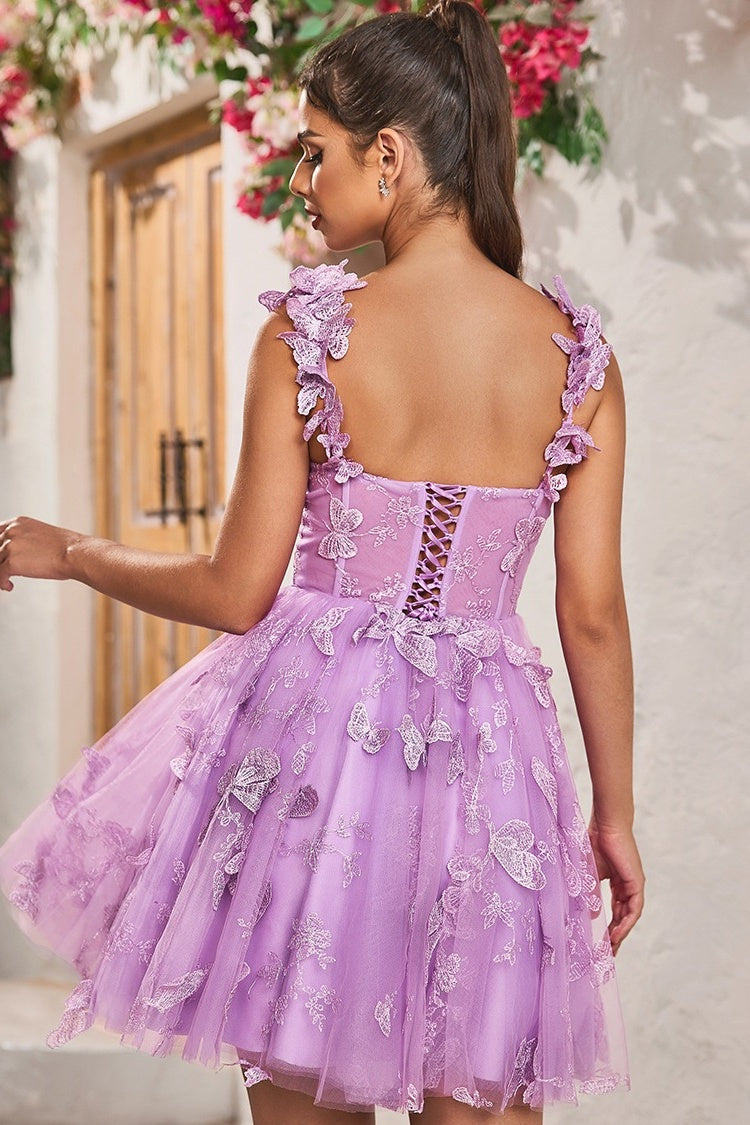 Charming Light Purple Square Lace Up Butterfly Appliques Evening Dresses