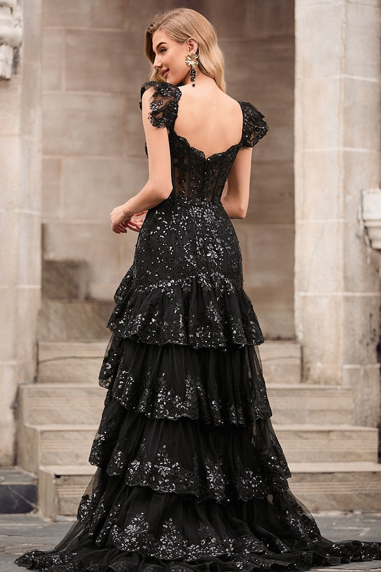Luxury Black Square A Line Puffy Layers Lace Evening Dresses