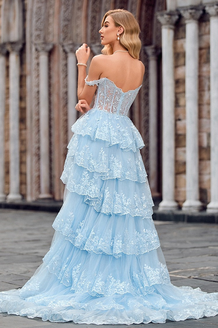 Chic Sky Blue Sweetheart A Line Puffy Layers Lace Evening Dresses