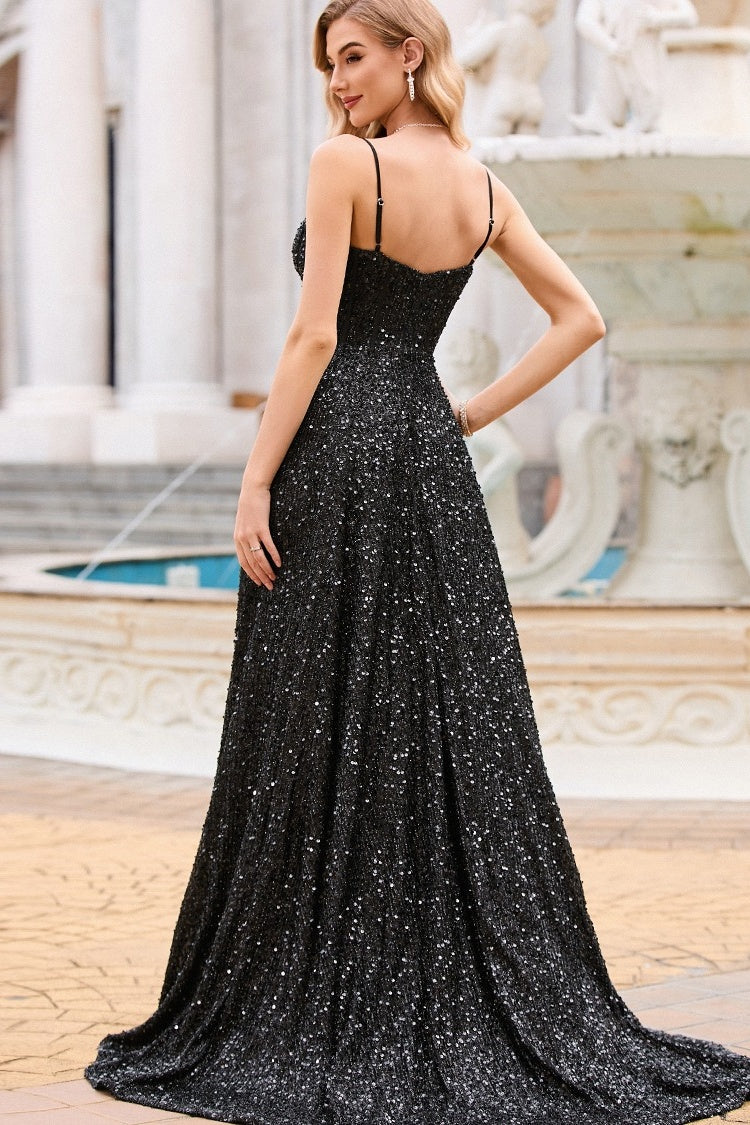 Fancy Black Spaghetti Strap A Line Side Slit Sequins Evening Dresses