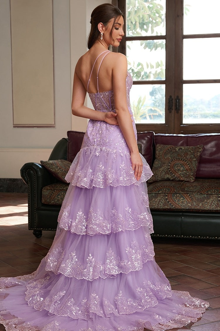 Modern Light Purple One Shoulder Puffy Layers Lace Evening Dresses