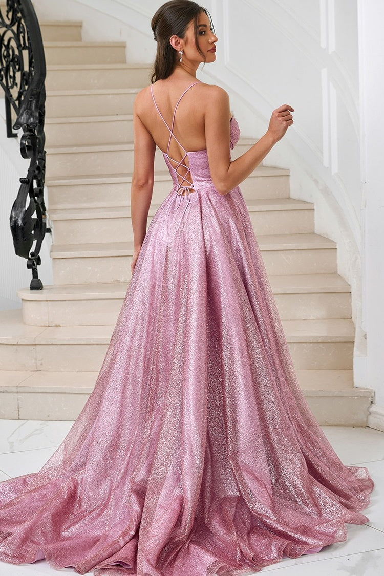 Nectarean Pink Spaghetti Strap A Line Side Slit Sequins Evening Dresses
