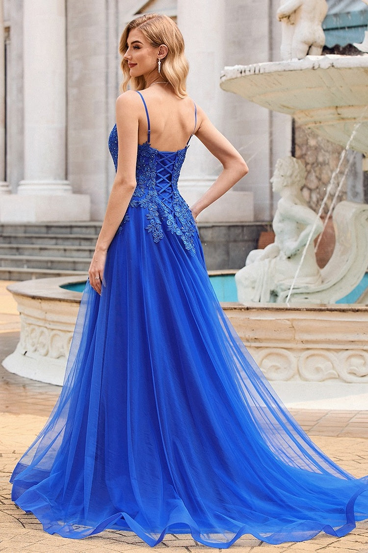 Chic Royal Blue A Line Lace Up Appliques Tulle Evening Dresses