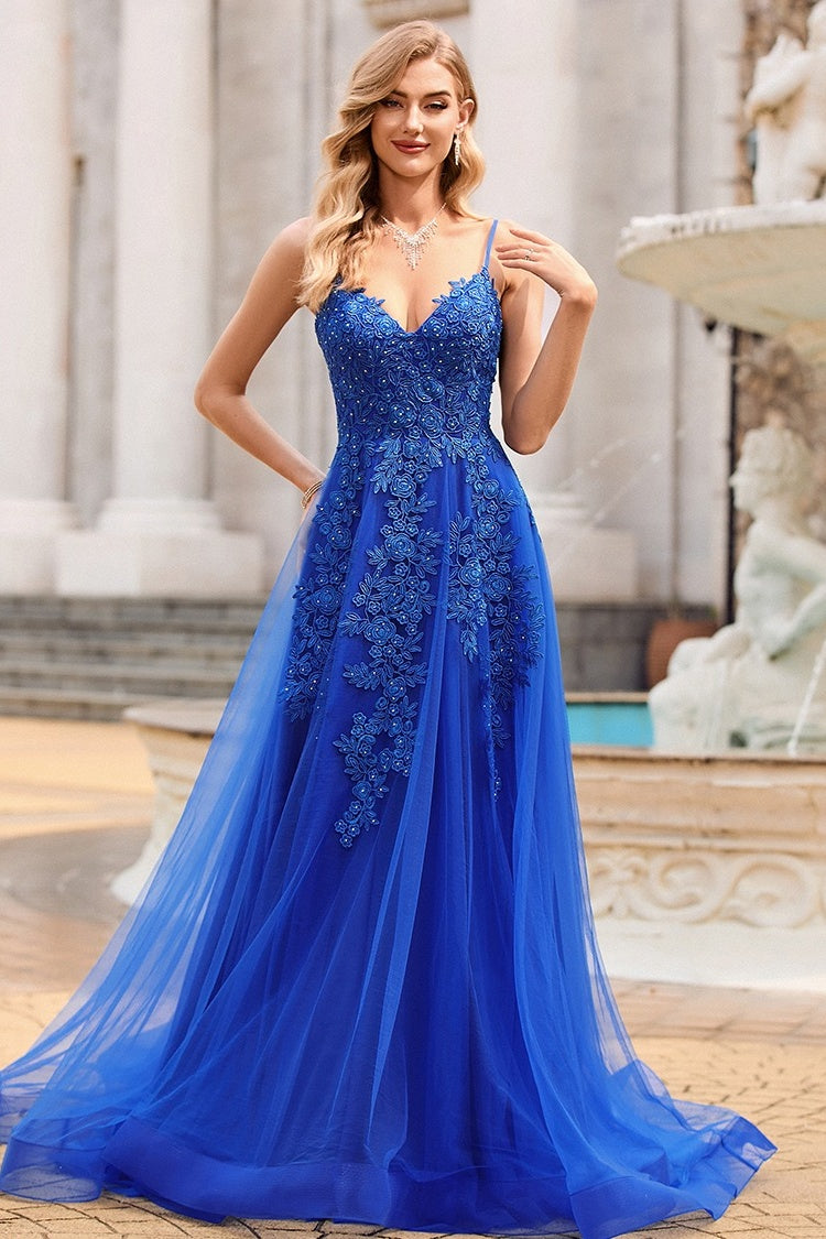 Chic Royal Blue A Line Lace Up Appliques Tulle Evening Dresses