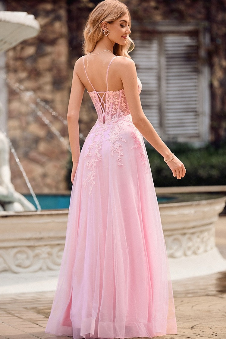 Fashion Pink A Line Spaghetti Strap Appliques Tulle Evening Dresses