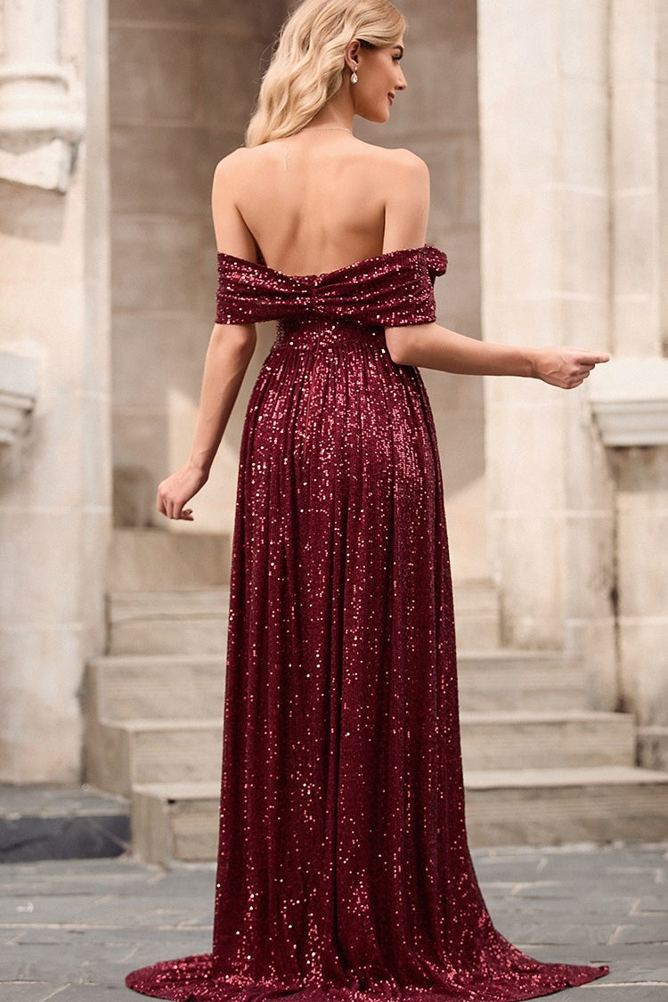 Generous Burgundy Sequins Off-the-shoulder Side Slit Evening Dresses