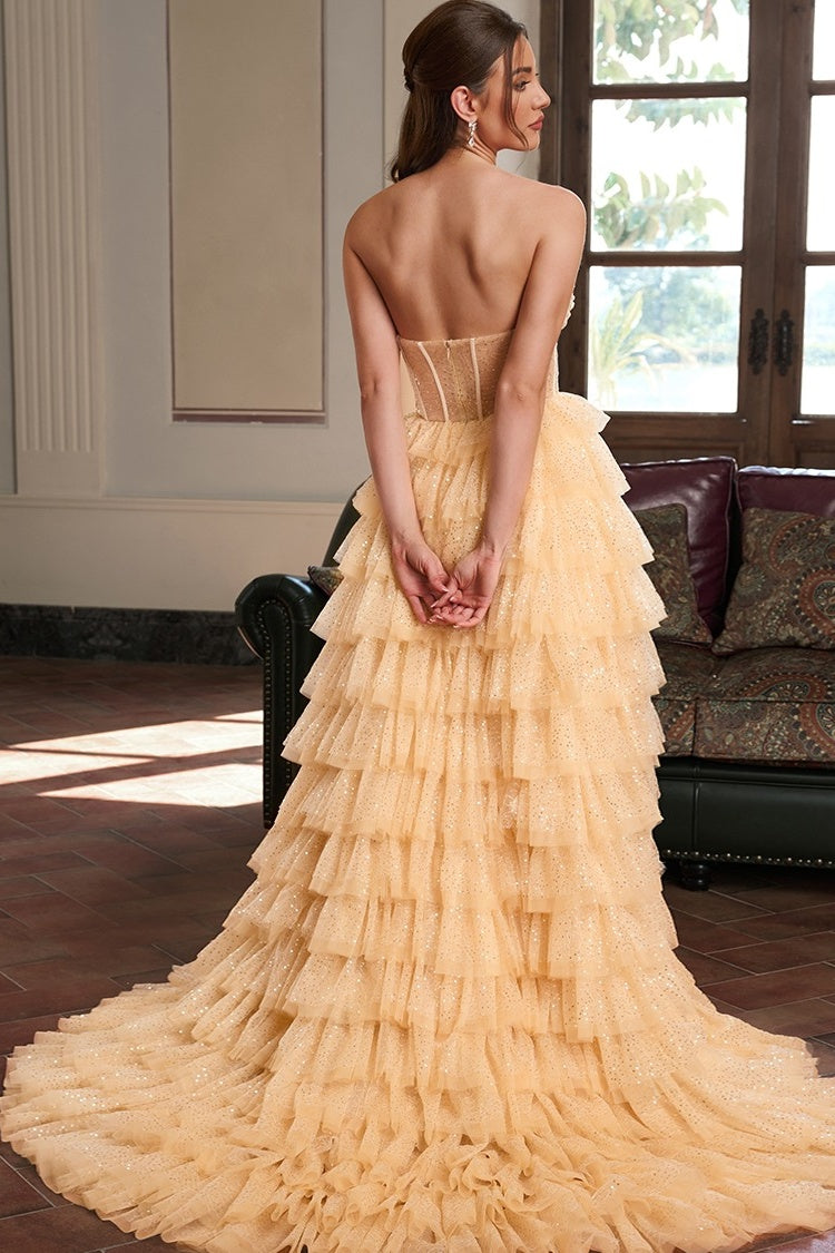 Decent Yellow Strapless A Line Puffy Layers Lace Evening Dresses