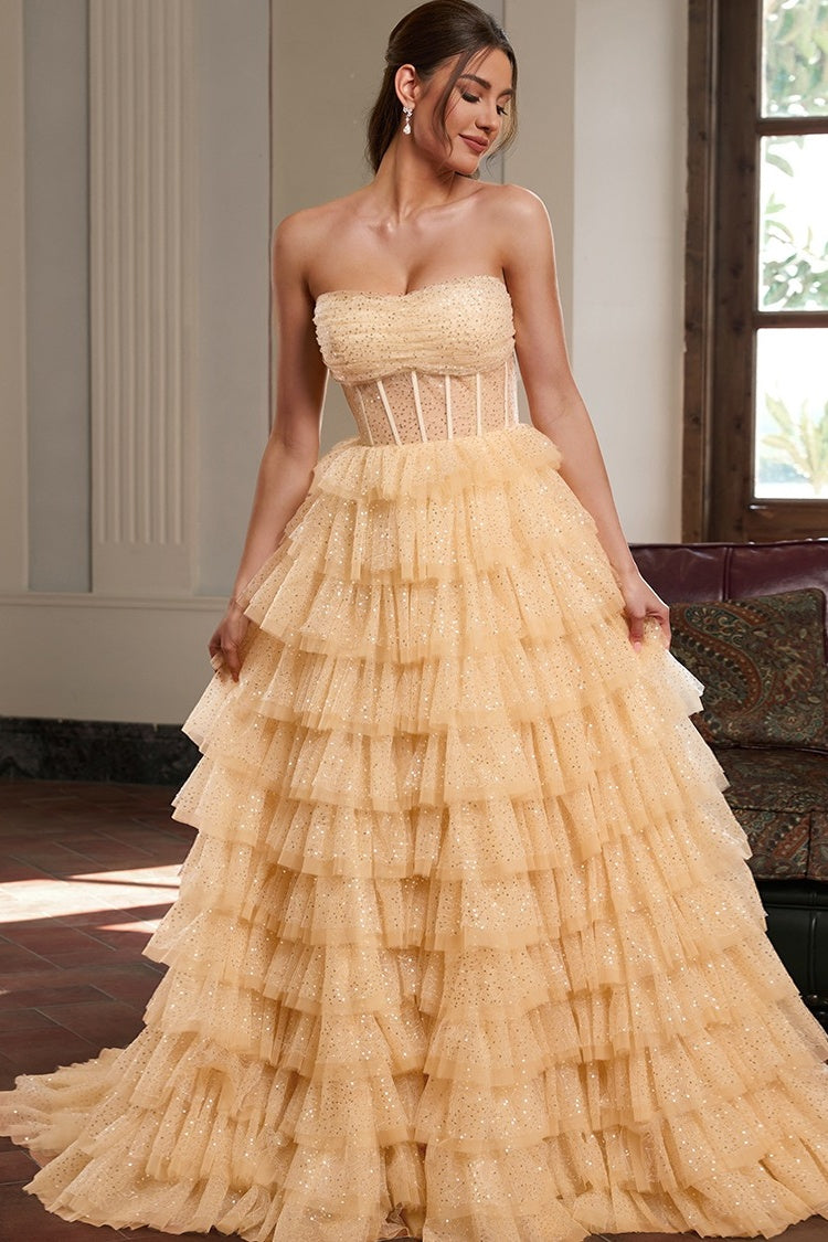 Decent Yellow Strapless A Line Puffy Layers Lace Evening Dresses