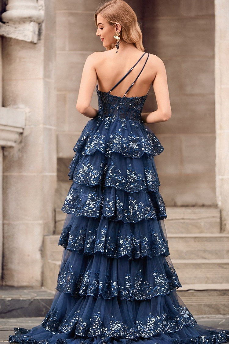 Serious Dark Navy One Shoulder Side Slit Puffy Layers Lace Evening Dresses