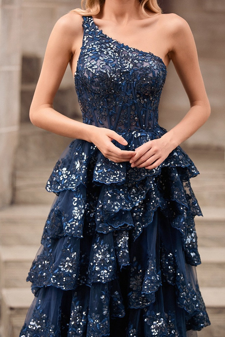 Serious Dark Navy One Shoulder Side Slit Puffy Layers Lace Evening Dresses