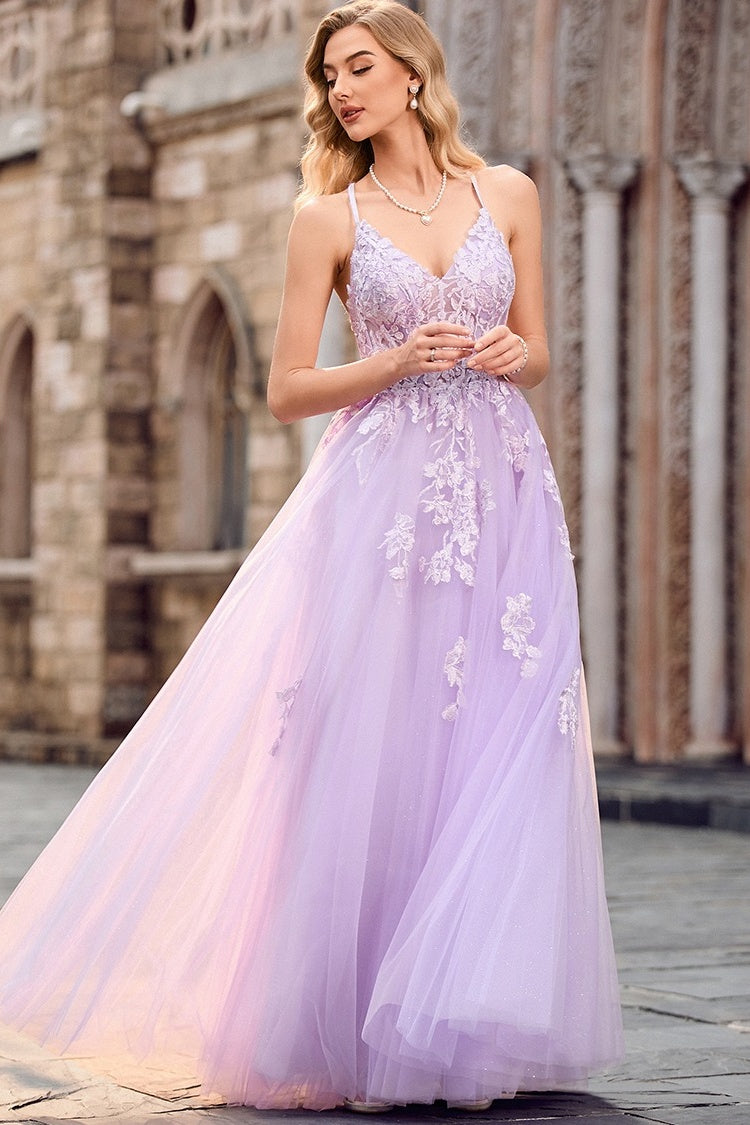 Elegant A Line Light Purple Appliques Tulle Evening Dresses