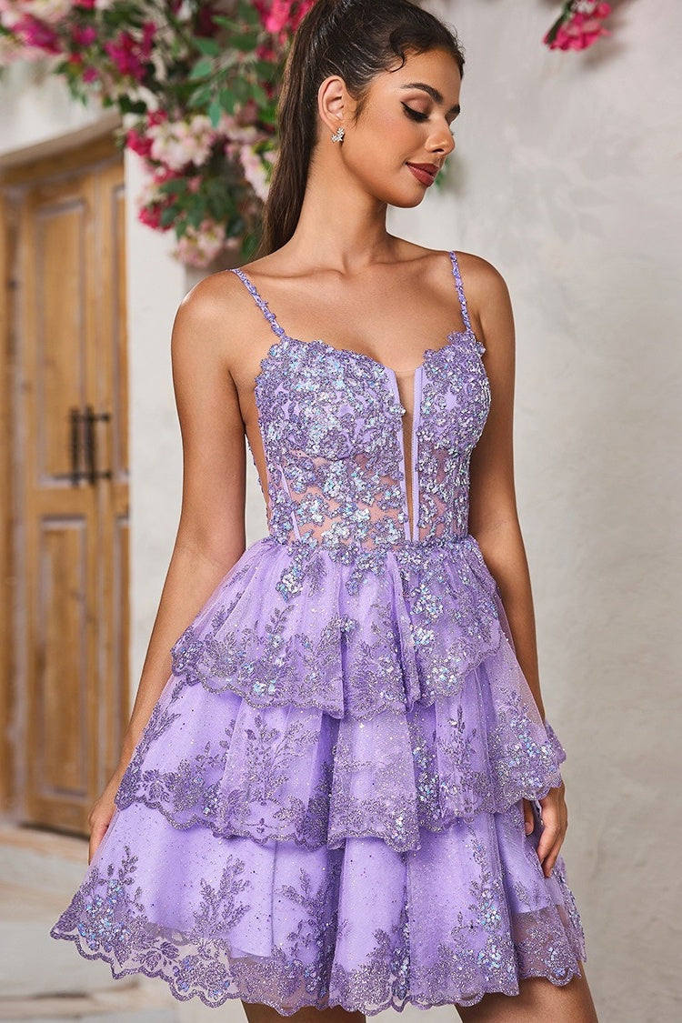 Handsome Purple Spaghetti Strap Puffy Layers Lace Evening Dresses
