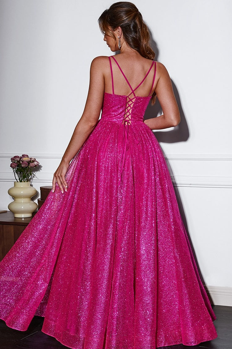 Gorgeous Sleeveless Fuchsia Sequins A Line Lace Up Evening Dresses