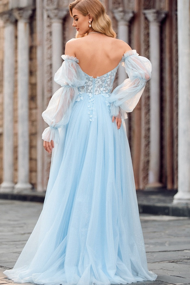 Honorable Sky Blue Strapless Appliques Tulle Evening Dresses
