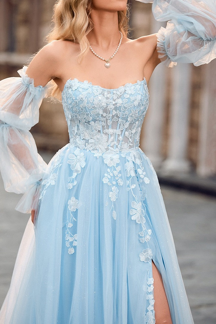Honorable Sky Blue Strapless Appliques Tulle Evening Dresses