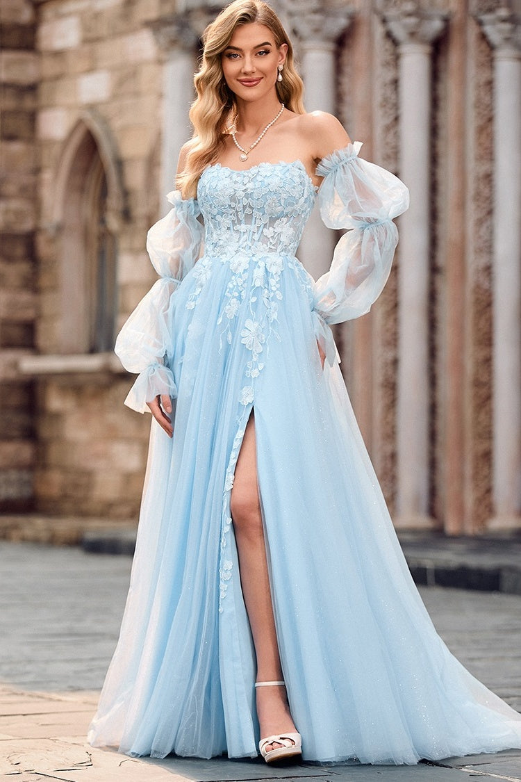 Honorable Sky Blue Strapless Appliques Tulle Evening Dresses