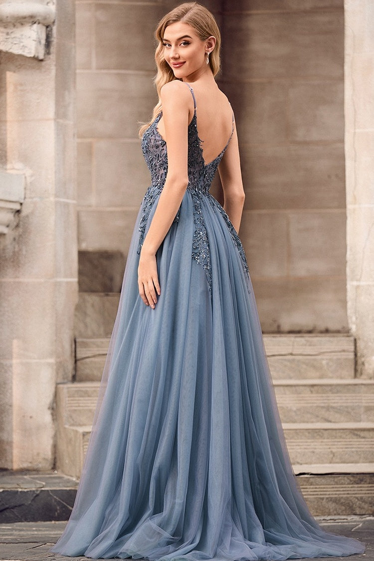 Chic Dark Gray Backless A Line Beadings Tulle Evening Dresses