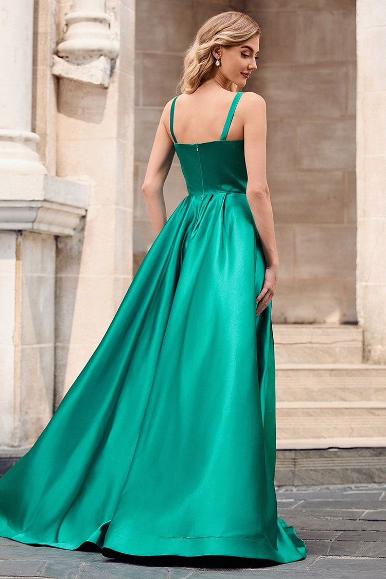 Modern Green Spaghetti Strap A Line Side Slit Evening Dresses