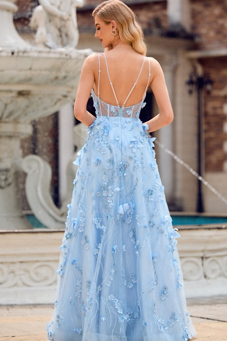 Chic Sky Blue A Line Appliques Beadings Evening Dresses