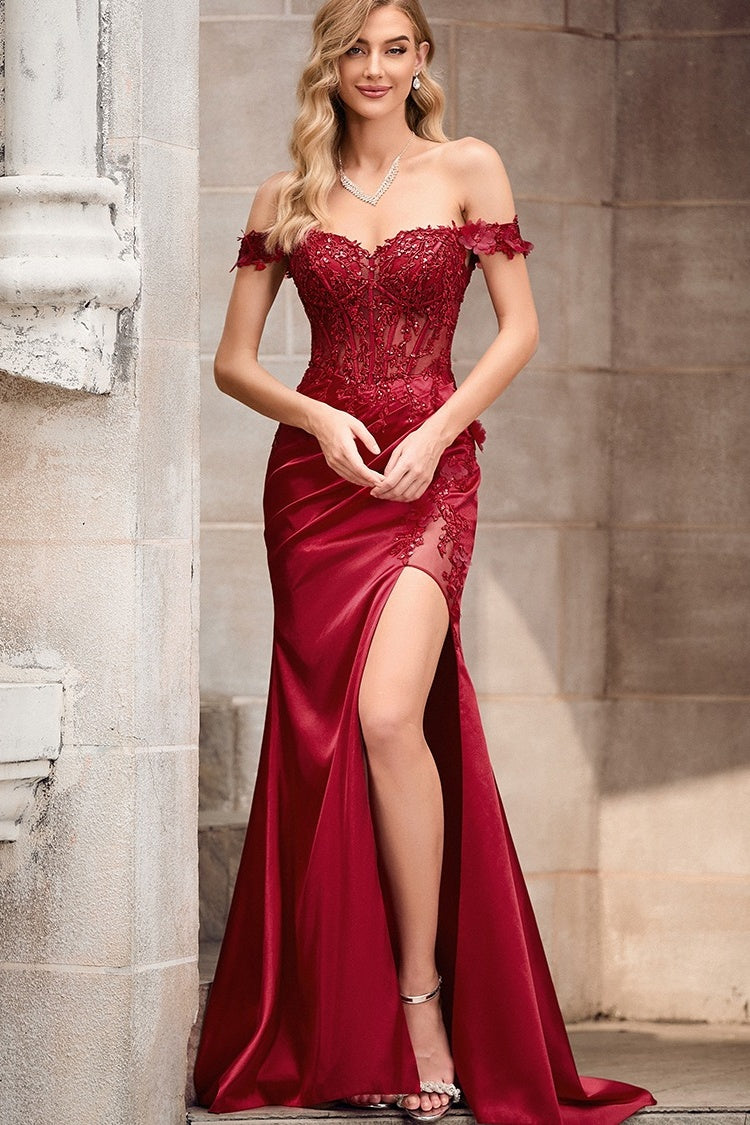 Serious Burgundy Off-the-shoulder Side Slit Appliques Evening Dresses