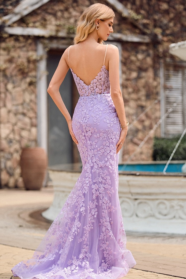 Exquisite Purple Spaghetti Strap Sheath Appliques Lace Evening Dresses