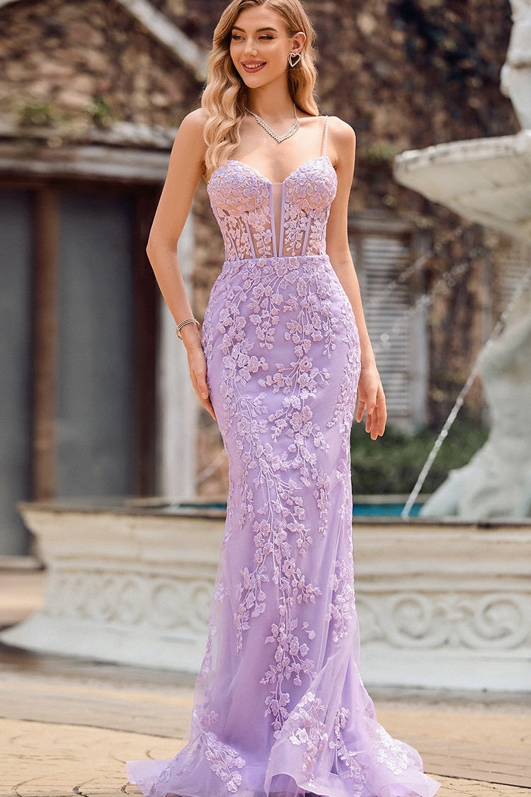 Exquisite Purple Spaghetti Strap Sheath Appliques Lace Evening Dresses