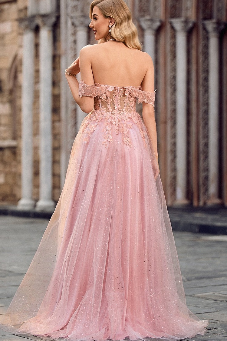 Nectarean Pink Appliques Off-the-shoulder A Line Lace Tulle Evening Dresses