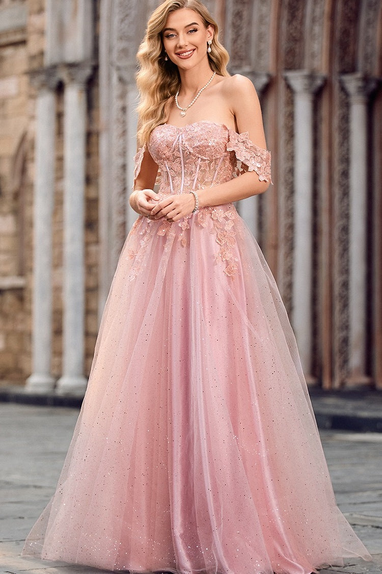 Nectarean Pink Appliques Off-the-shoulder A Line Lace Tulle Evening Dresses