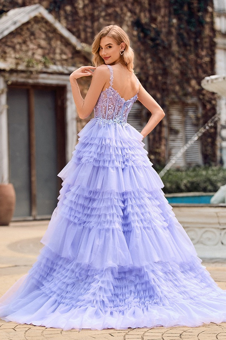 Chic Blue Appliques Spaghetti Strap Puffy Layers Evening Dresses