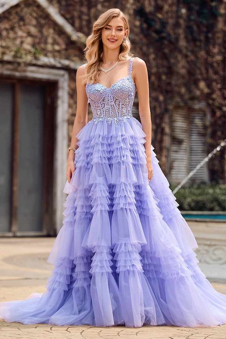 Chic Blue Appliques Spaghetti Strap Puffy Layers Evening Dresses