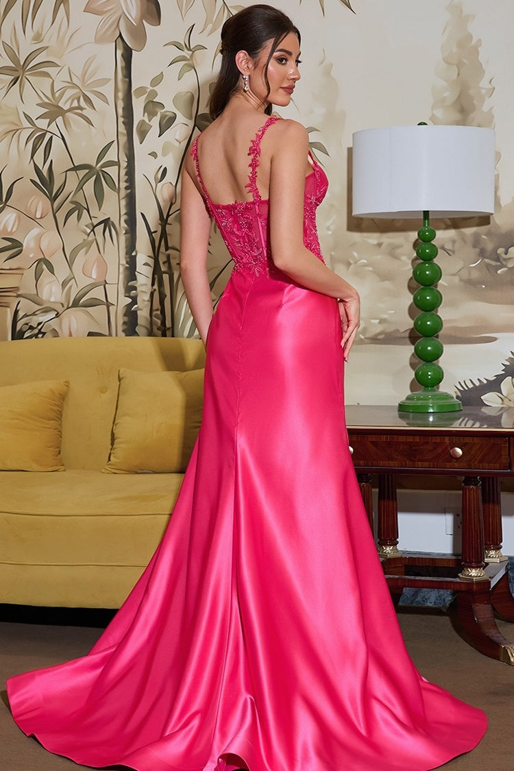 Charming Spaghetti Strap Watermelon Appliques Satin Evening Dresses
