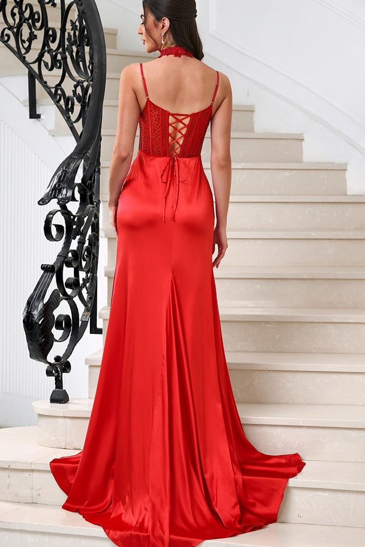 Beautiful Red Appliques Beaded Spaghetti Strap Side Slit Evening Dresses