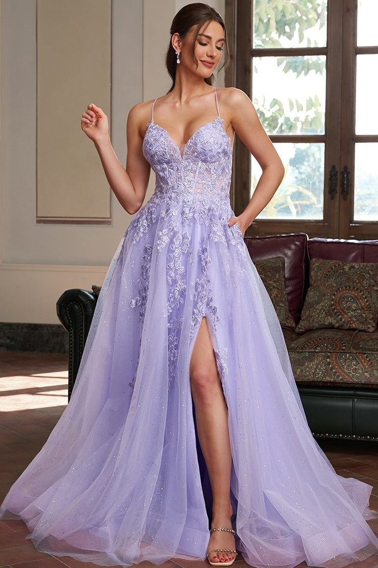 Fancy Purple Appliques Spaghetti Strap Lace Evening Dresses