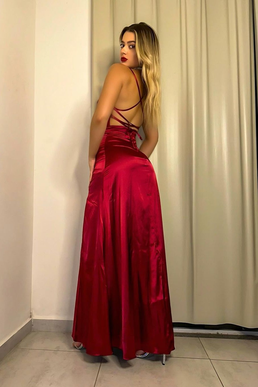 Sexy Red Satin High Split Lace Up Evening Dresses