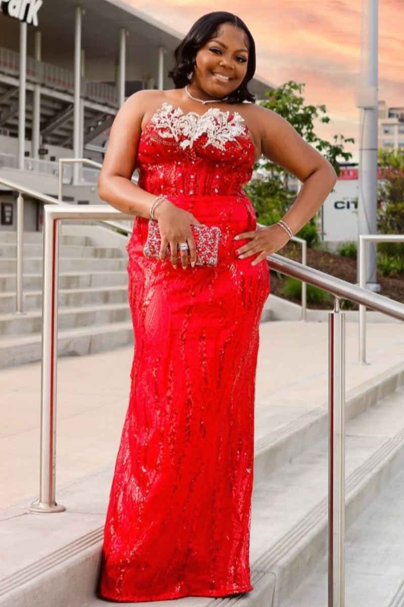 Fashion Red Sequins Strapless  Sheath Prom Dresses With Appliques