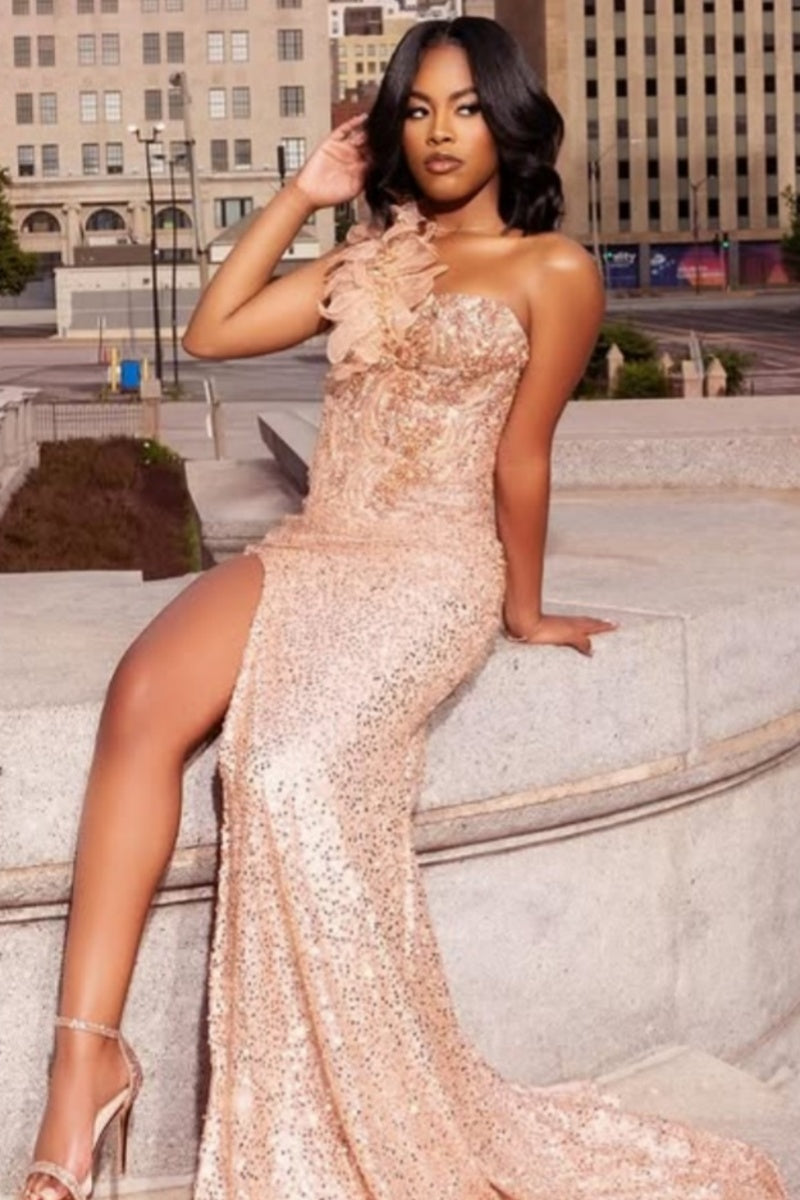 Charming Pink One Shoulder Sequins High Slit Prom Dresses With Flowers