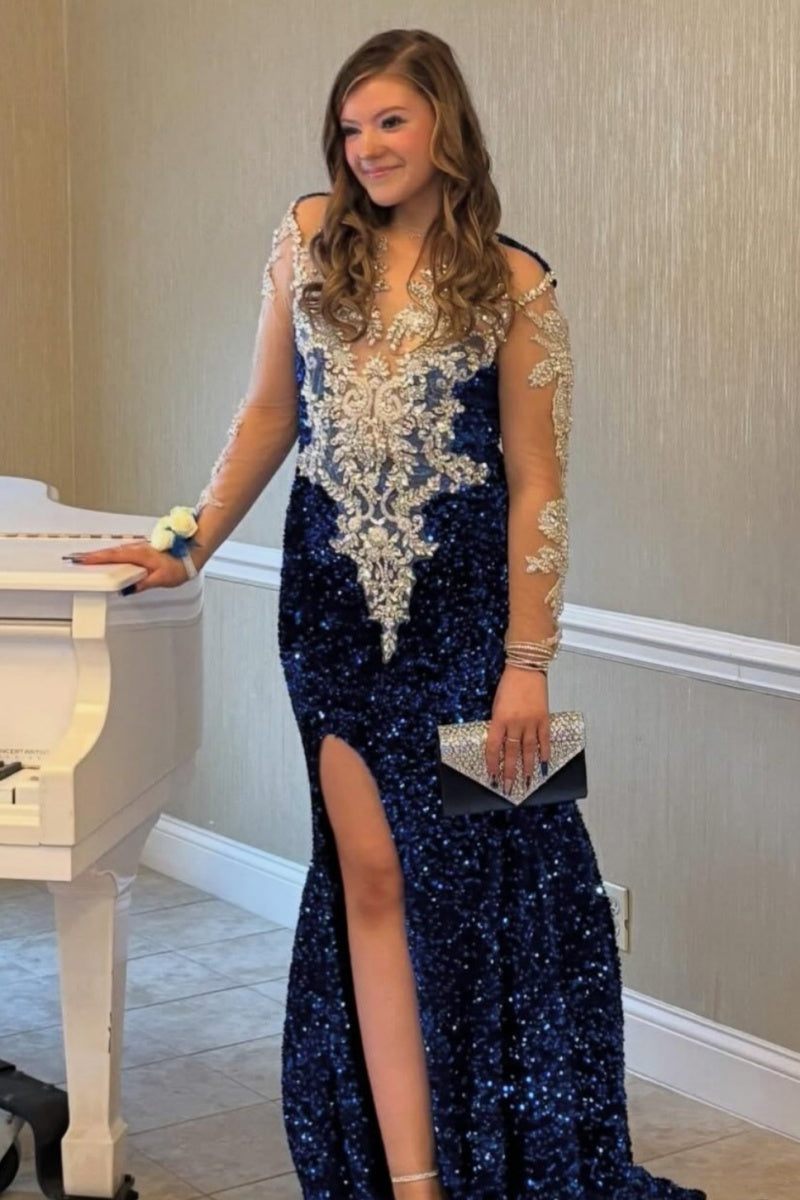 Dignified Blue Jewel Sequins Side Slit Prom Dresses With Appliques