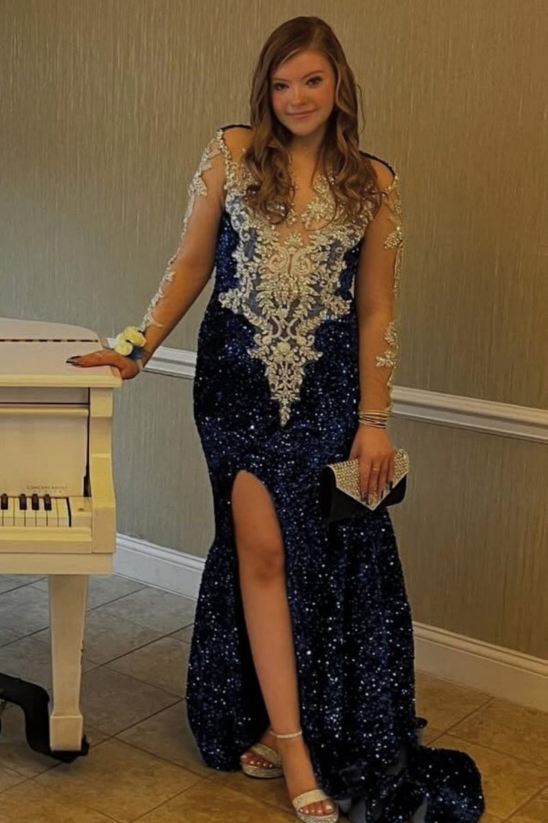 Dignified Blue Jewel Sequins Side Slit Prom Dresses With Appliques